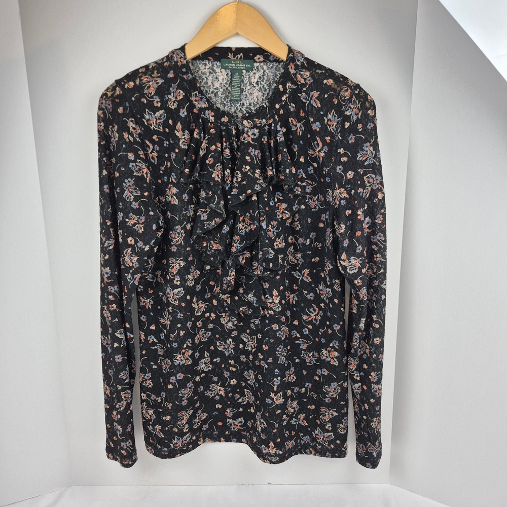 Vtg Y2K Ralph Lauren Jeans Mesh Top M Black Floral Whimsigoth Fairy Grunge